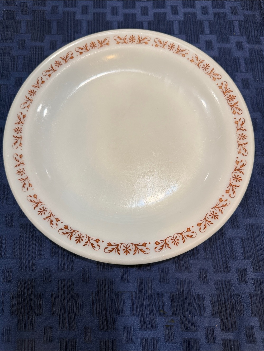 Fire King White Dinner Plate with Orange Floral Scroll Border